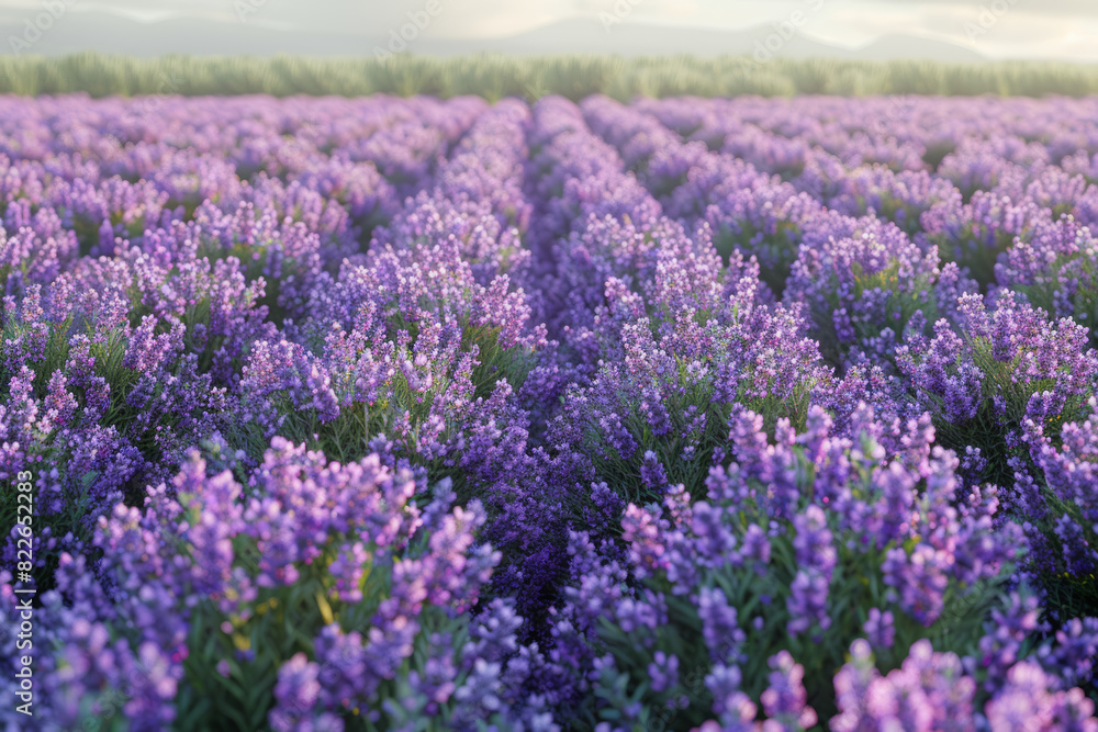 Obraz premium Overhead perspective of a blooming lavender field. Concept of agriculture and vibrant colors. Generative Ai.
