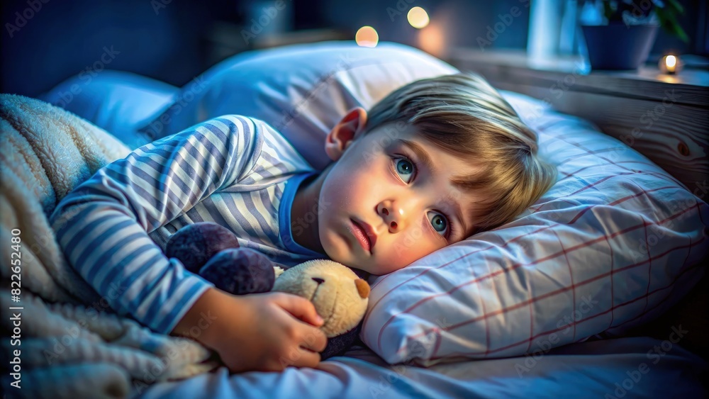 Little Boy Laying in Bed With Teddy Bear. Generative AI Little Boy Laying in Bed With Teddy Bear. Generative AI
