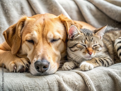 Cat and Dog Sleeping Together on Couch. Generative AI