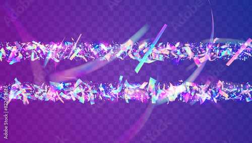Carnaval Serpentine. Cristal Poster. 3d Colourful Template. Festive Glitter. Glare Concept. Digital Dust. Neon Tinsel. Pink Light Background. Purple Carnaval Serpentine