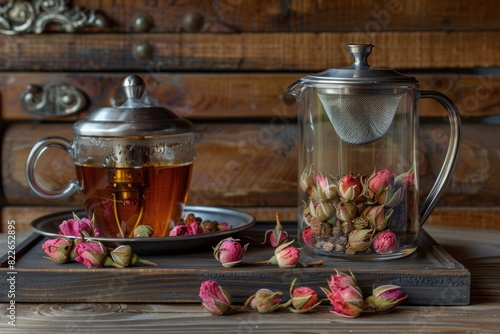 Tea Rose. Aromatherapy Ceremony: Chinese Tea Cups with Dried Rose Buds in Glass Jar photo