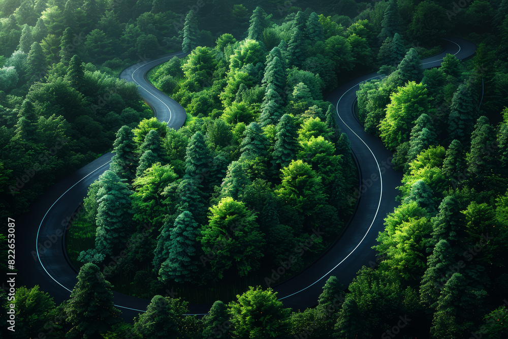 Top-down photo of a highway cutting through a dense forest. Concept of infrastructure and nature. Generative Ai.