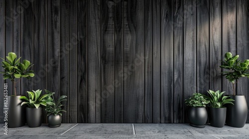 Wood 3D. Black Three-Dimensional Interior with Wall Panel and Plants in Apartment