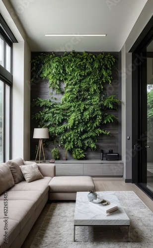 gray and marble luxury living room interior with sleek furniture and a vertical garden