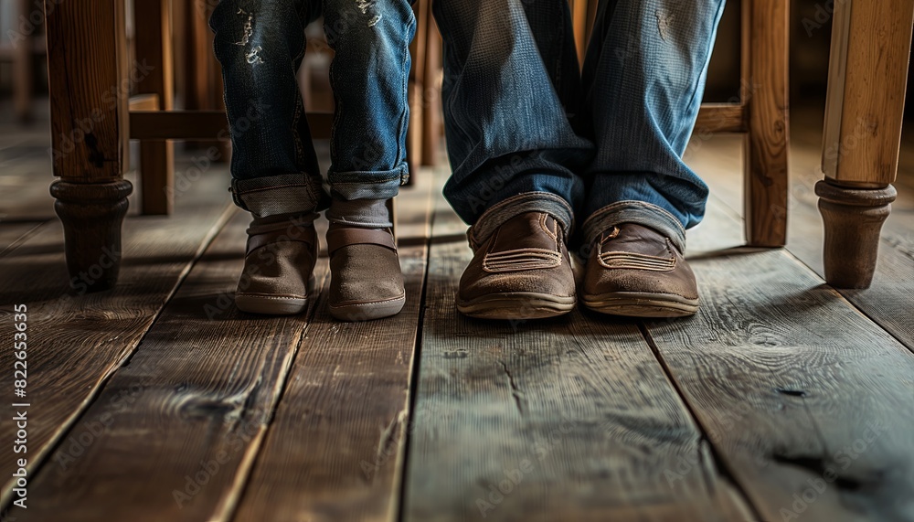 Father sitting with his son, feet visible under the table Father sitting with his son, feet visible under the table