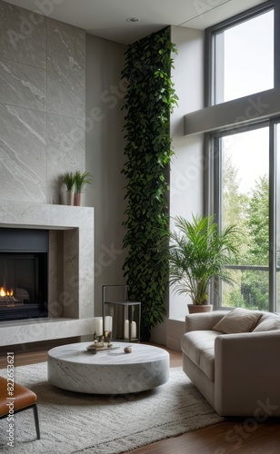 gray and marble luxury living room interior with sleek furniture and a vertical garden
