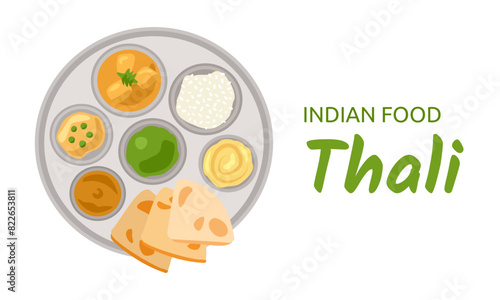 Indian Thali - plate with traditional dishes - rice, curry, flatbreads and sauces. Isolated Illustration on white background for restaurant menu. National food top view. Cuisine of India. Vector image