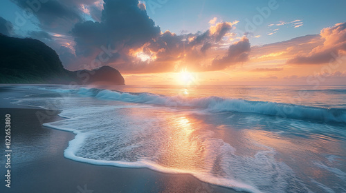 A tranquil beach scene with gentle waves and a stunning sunset, casting warm colors over the horizon. #822653880