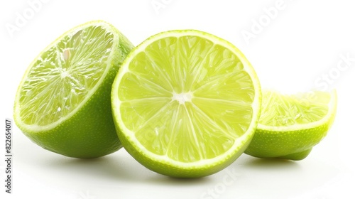 Sliced Fruit Isolated. Green Lime Cut in Half and Slices on White Background Fresh Citrous Lemon