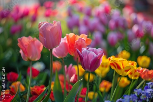 Brightly colored tulips are blooming in a field of flowers  summer background 