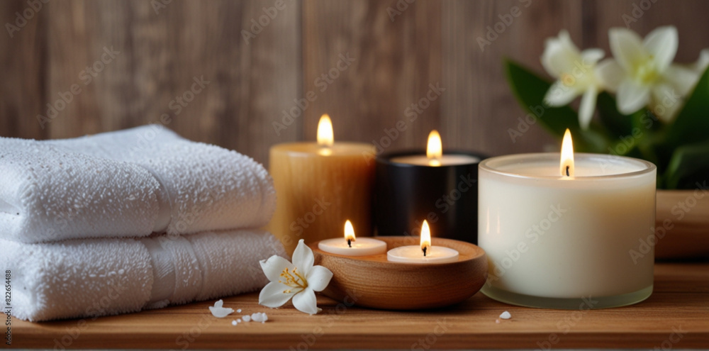 Spa setting with candles , towels and flowers Spa setting with candles , towels and flowers