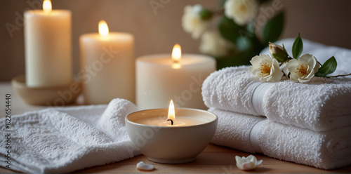 Spa setting with candles , towels and flowers