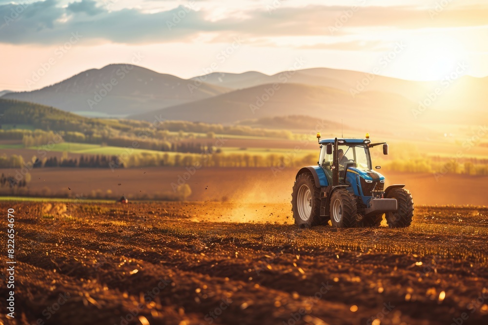 Obraz premium Countryside Scene. Modern Agricultural Machinery Plowing Field at Farm During Sunset