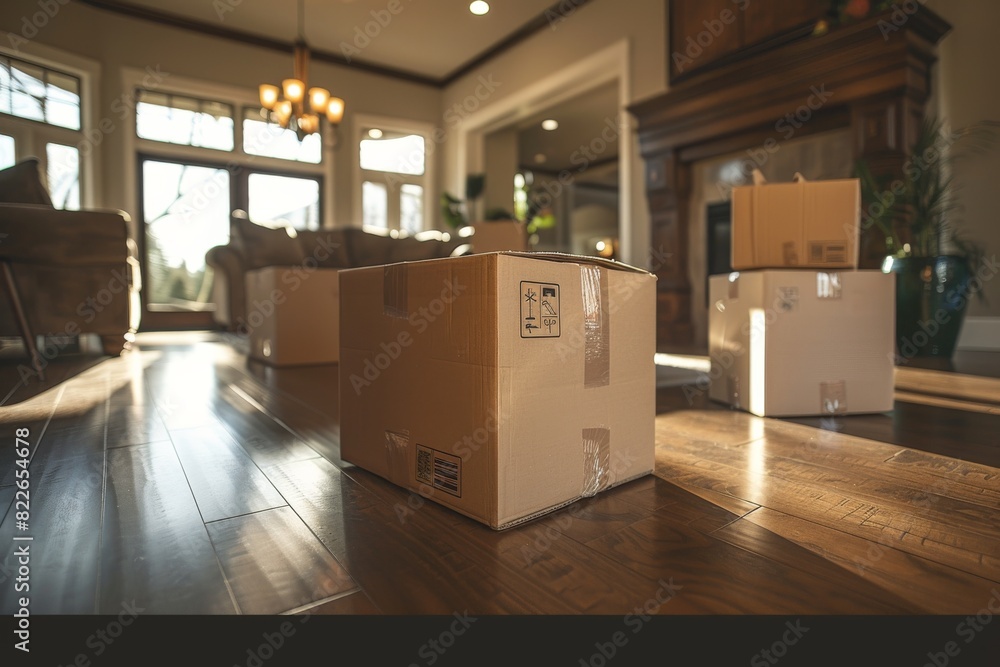 Family Unpacking in Cozy Living Room on Moving Day, Joyful Togetherness in New Home with Natural Light and Comfortable Atmosphere Family Unpacking in Cozy Living Room on Moving Day, Joyful Togetherness in New Home with Natural Light and Comfortable Atmosphere
