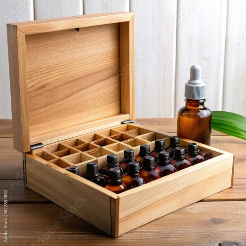 Wooden Box Filled With Bottles of Essential Oils. Generative AI