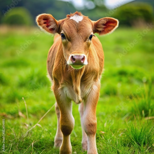 Young Calf Walking Through Grassy Field. Generative AI