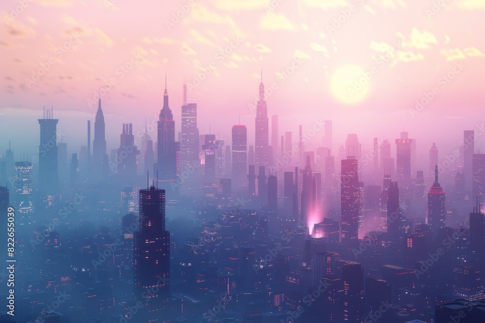 Skyscrapers in a city at sunset with a pink sky