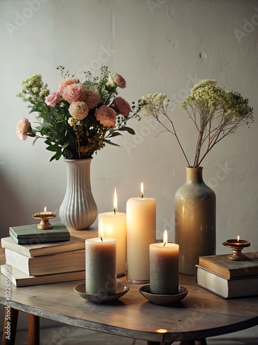 Table With Books and Flower-filled Vases. Generative AI