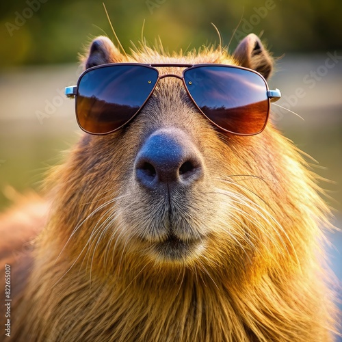Close Up of Capybara Wearing Sunglasses. Generative AI