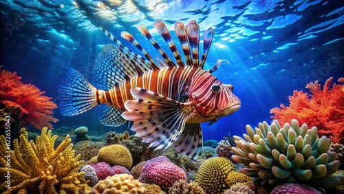 Lionfish Swimming Over Colorful Coral Reef. Generative AI