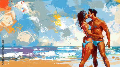 Caucasian couple kissing on a sunny beach. White man and woman embrace by the ocean. Concept of love, romance, summer vacation, togetherness. Oil painting style