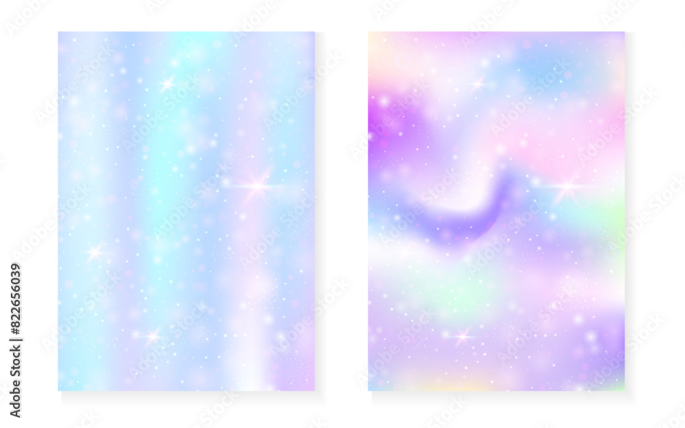 Unicorn background with kawaii magic gradient. Princess rainbow hologram. Holographic fairy set. Spectrum fantasy cover. Unicorn background with sparkles and stars for cute girl party invitation. Unicorn background with kawaii magic gradient. Princess rainbow hologram. Holographic fairy set. Spectrum fantasy cover. Unicorn background with sparkles and stars for cute girl party invitation.