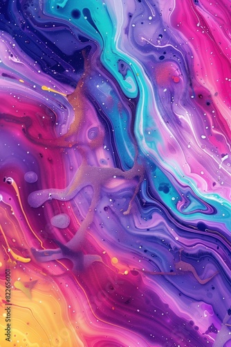 Phenomenal colorful abstract modern art. Unique swirling paint technique. Spectrum of hues. Glistening psychedelic glitter. Spirals and pigments in a surreal twirl.