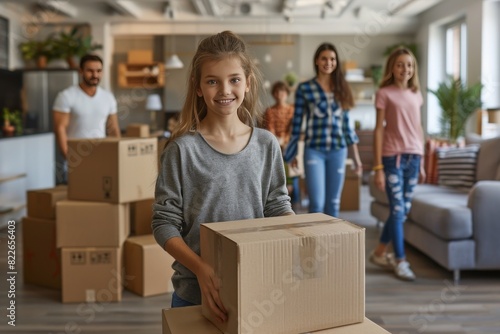 Happy children unpacking cardboard boxes in a new, bright home with family, morning light, cozy living room, teamwork, modern interior, lifestyle photography, fresh start © Leo