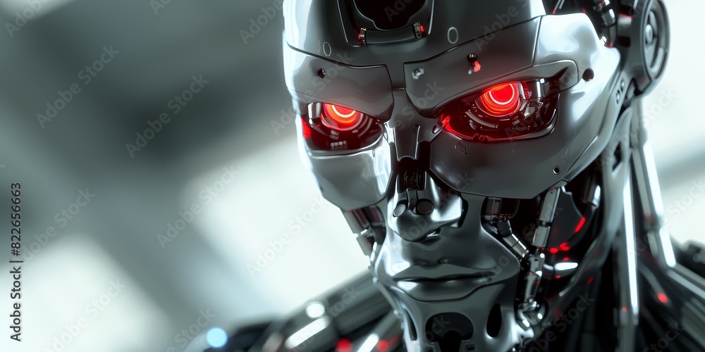 Fototapeta premium a cyber human robot, like antivirus, with shiny red eyes, savage dog face, angry