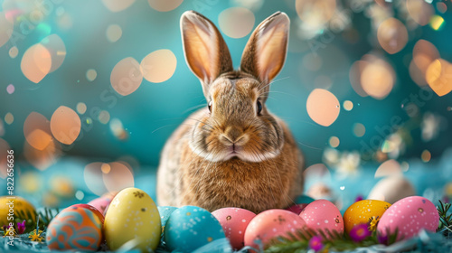 Charming Easter bunny surrounded by vibrant  colorful eggs  creating a festive and joyful atmosphere perfect for holiday celebrations.