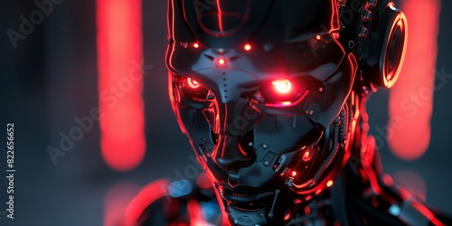 a cyber human robot, like antivirus, with shiny red eyes, savage dog face, angry,  photo