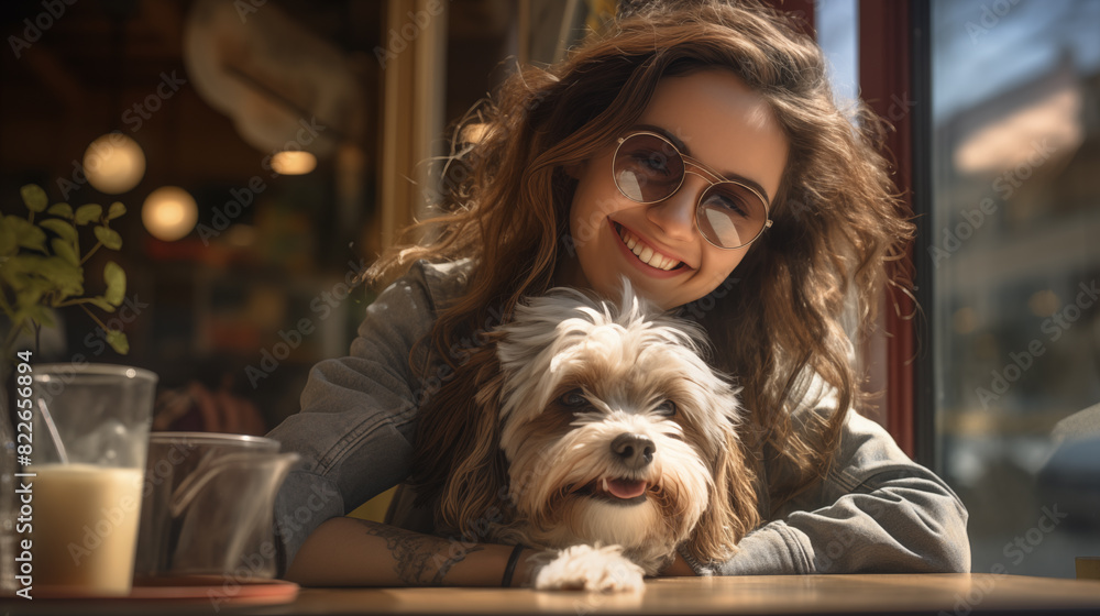 Joyful woman in sunglasses embracing a Shih Tzu dog at a sunny café Joyful woman in sunglasses embracing a Shih Tzu dog at a sunny café
