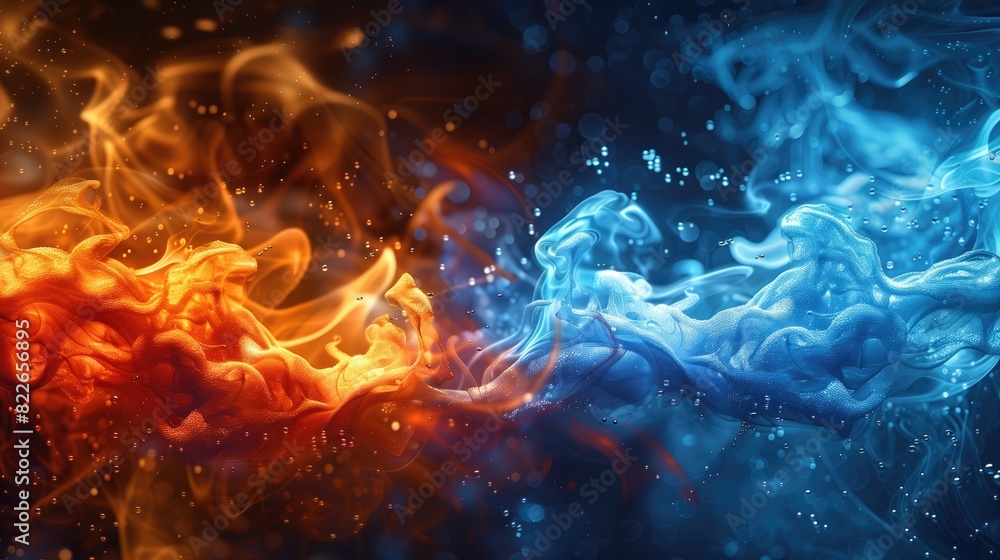 A depiction of fire and water colliding against a dark backdrop A depiction of fire and water colliding against a dark backdrop