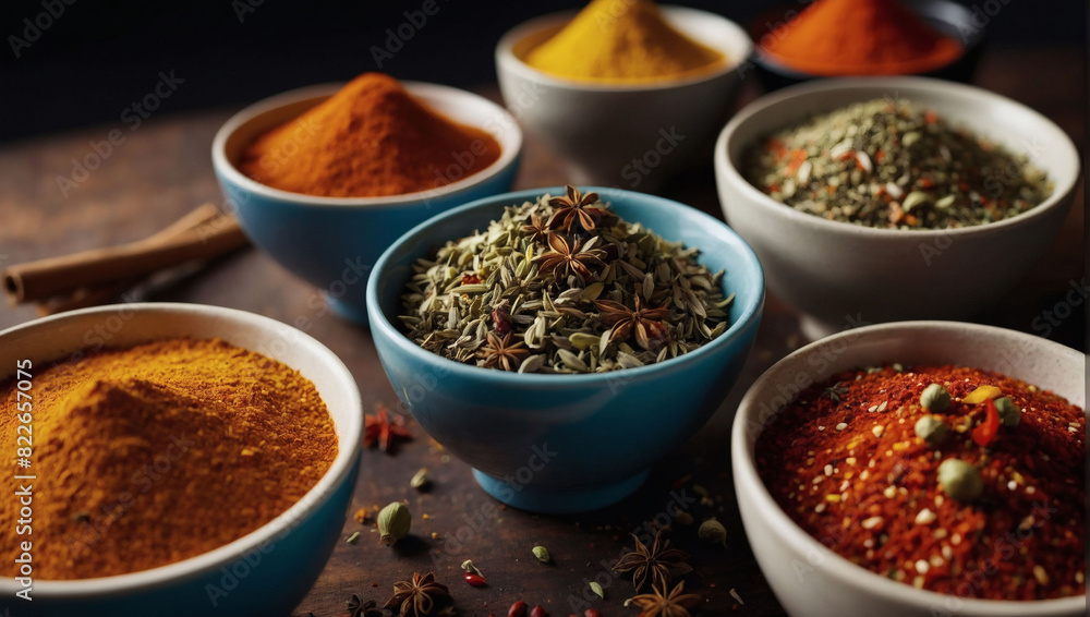 Various seasonings displayed in cups, creating a vibrant spice background on the table.