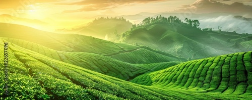 Sunrise over lush green tea plantation with dewdrops on leaves