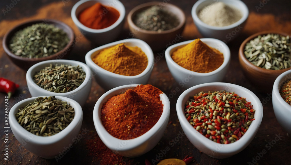 Various seasonings displayed in cups, creating a vibrant spice background on the table. Various seasonings displayed in cups, creating a vibrant spice background on the table.