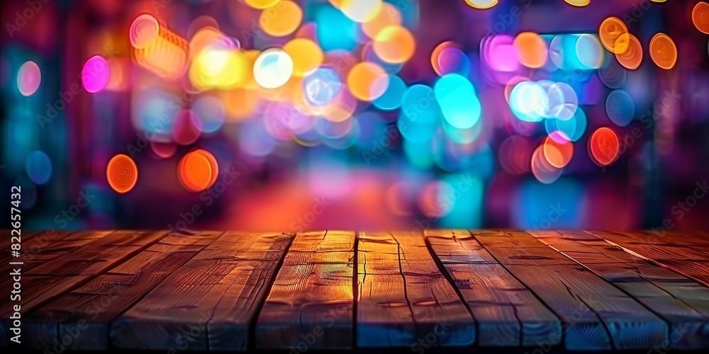 Empty wooden table with neon light bokeh background, night view, blurred bokeh lights background Empty wooden table with neon light bokeh background, night view, blurred bokeh lights background