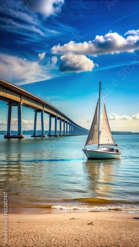 Sailboat Sailing Under Bridge. Generative AI