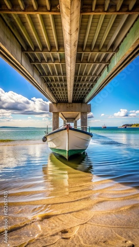 Boat Passing Under Bridge on Water. Generative AI
