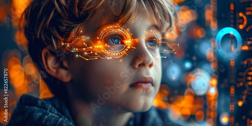 Science technology concept. Education new technology. EdTech. Child uses a futuristic processor for augmented reality. high technology and communication concept