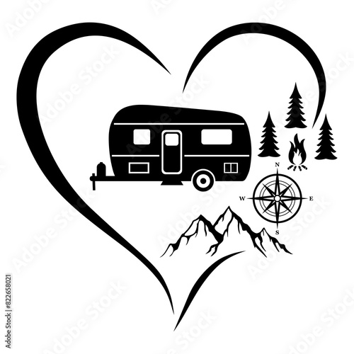 Camper in Open Heart, Camping, Hand Drawn Vector Illustration