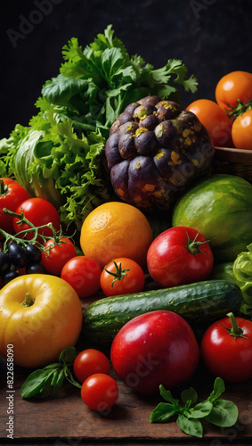 Vibrant assortment of vegetables and fruits arranged beautifully.