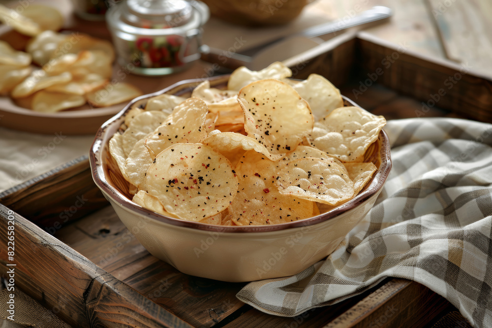 Top View Potato Chips on Wooden Tray Top View Potato Chips on Wooden Tray