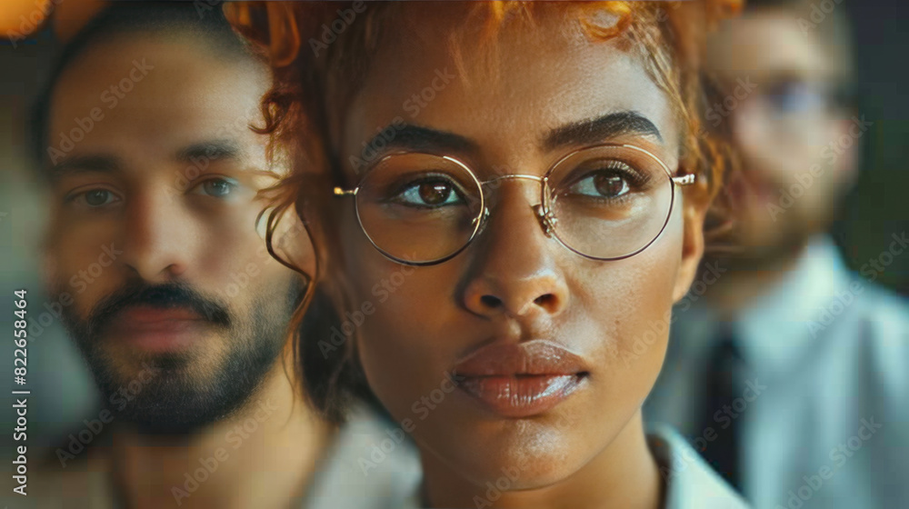 Close-up of a young woman with glasses, looking thoughtful, with colleagues in background. Close-up of a young woman with glasses, looking thoughtful, with colleagues in background.