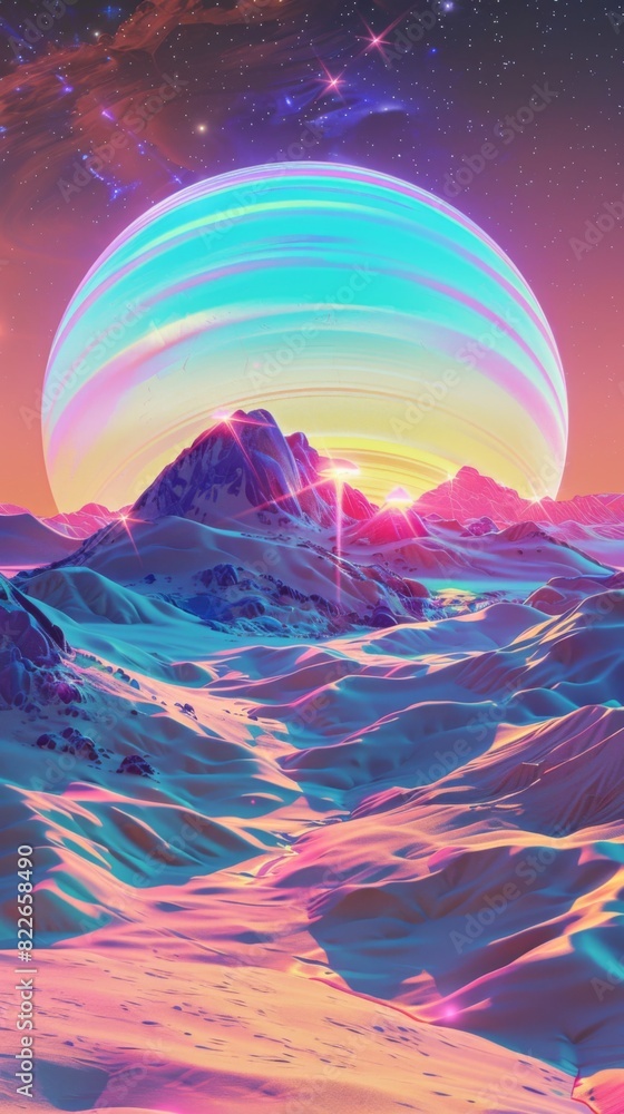 A close up of a mountain with a colorful sky and stars
