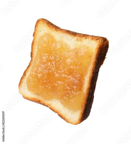 Piece of fresh toast bread with tasty jam isolated on white