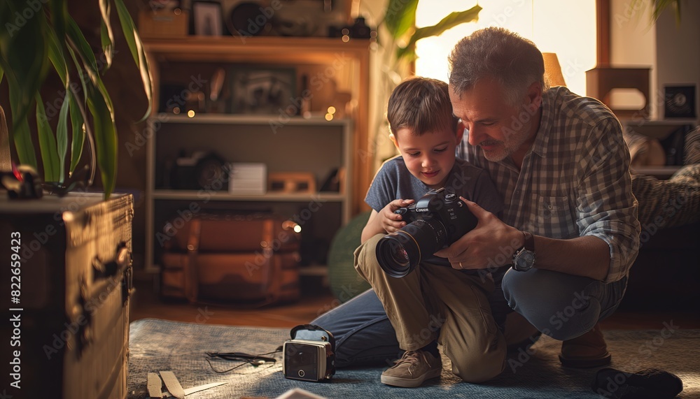Naklejka premium Moment of father and son doing photography work