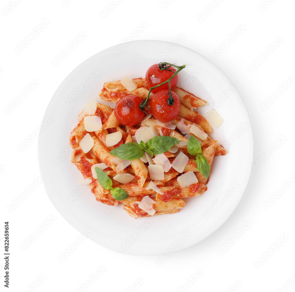 Tasty pasta with tomato sauce, cheese and basil isolated on white, top view Tasty pasta with tomato sauce, cheese and basil isolated on white, top view