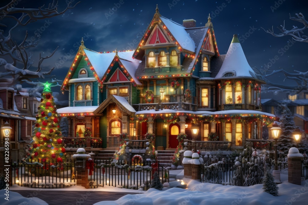 Fototapeta premium Cozy Suburban house christmas. Ladder outside card. Generate Ai