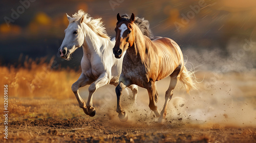 Two horses running in the field  one white and other brown with short mane  dust flying around them  beautiful autumn landscape in background  golden hour lighting.